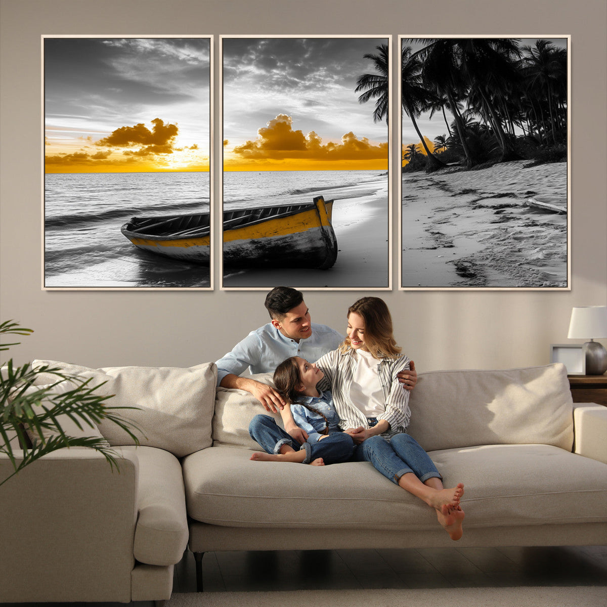 Yellow Rowboat Wall Art – Framed Tropical Shoreline Canvas