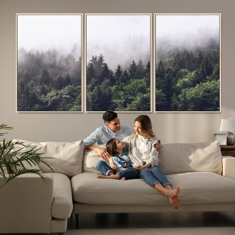 Misty Forest Wall Art Canvas Print, Serene Foggy Pines and