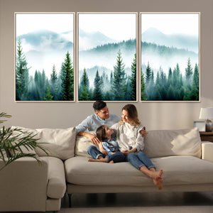 Pine Forest Wall Art Canvas Print – Misty Mountains Foggy