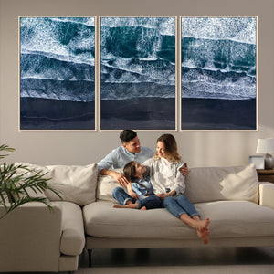 Black Beach Wall Art Canvas Print – Framed Aerial Ocean View