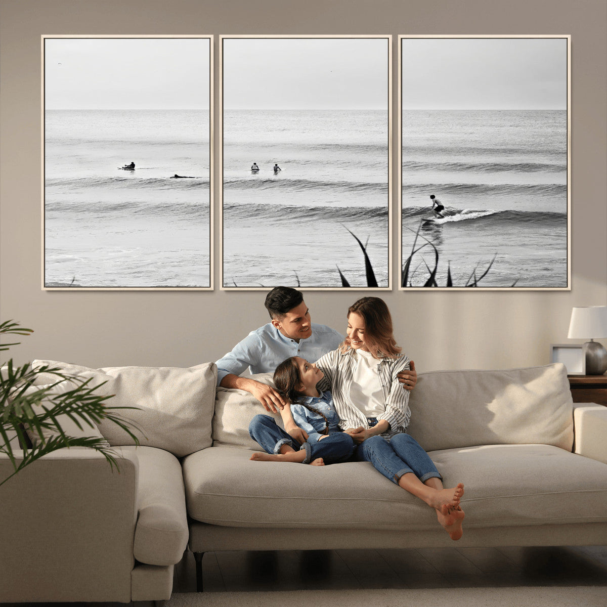 Surfer Silhouette Wall Art – Framed Calm Ocean Canvas