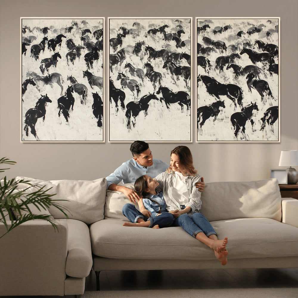 Wild Horse Stampede Wall Art Canvas Print – Monochrome