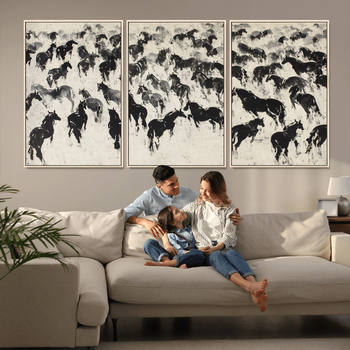 Wild Horse Stampede Wall Art Canvas Print – Monochrome