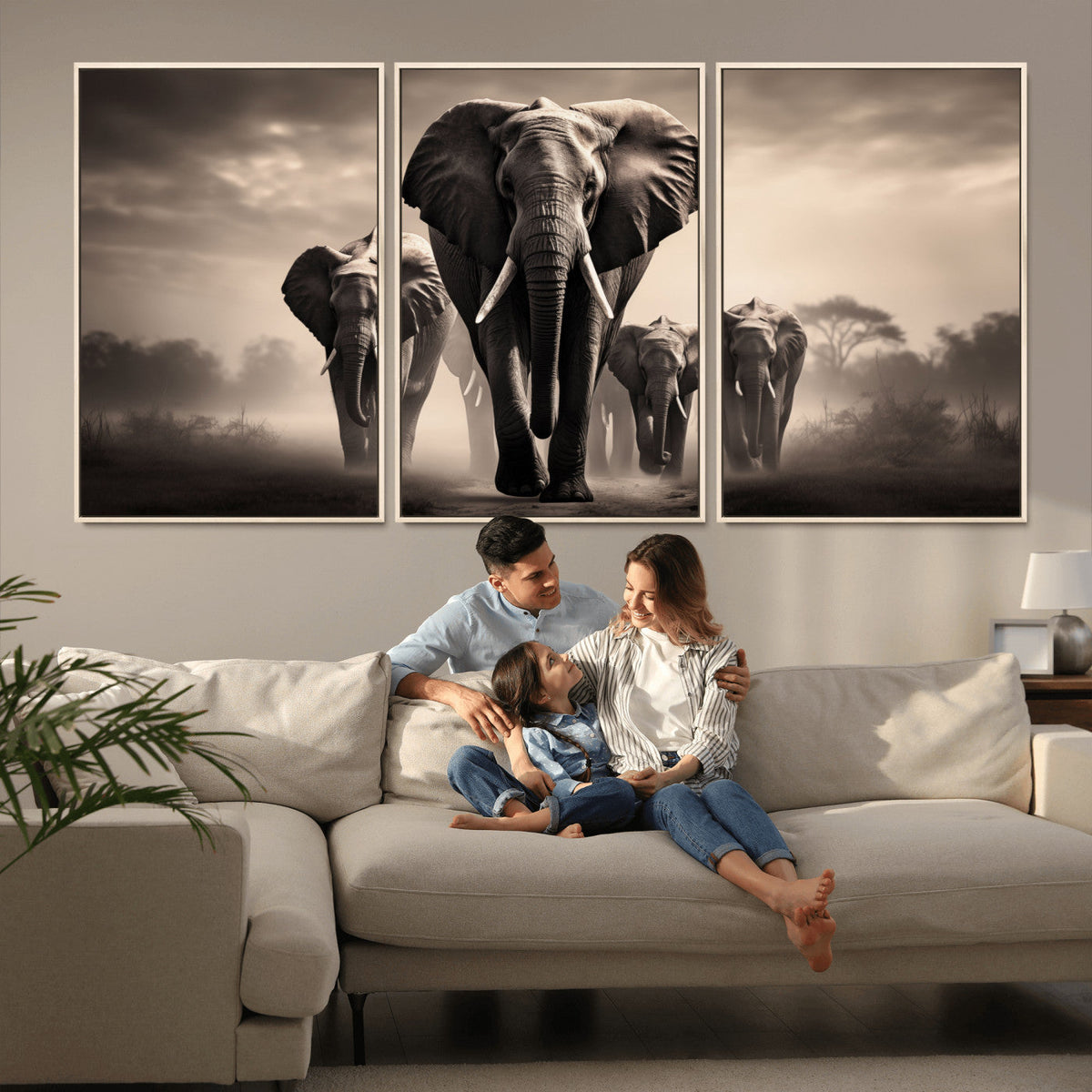 Elephant Family Wall Art Canvas Print, Framed Elephant Wall