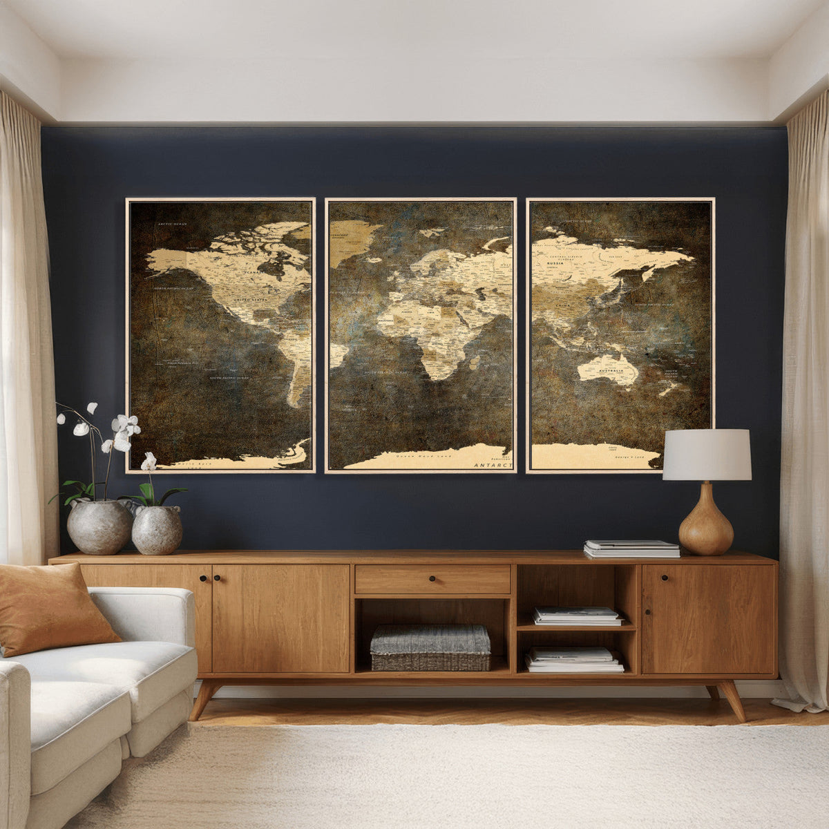 Large Framed Vintage World Map Wall Art Print for Home Wall