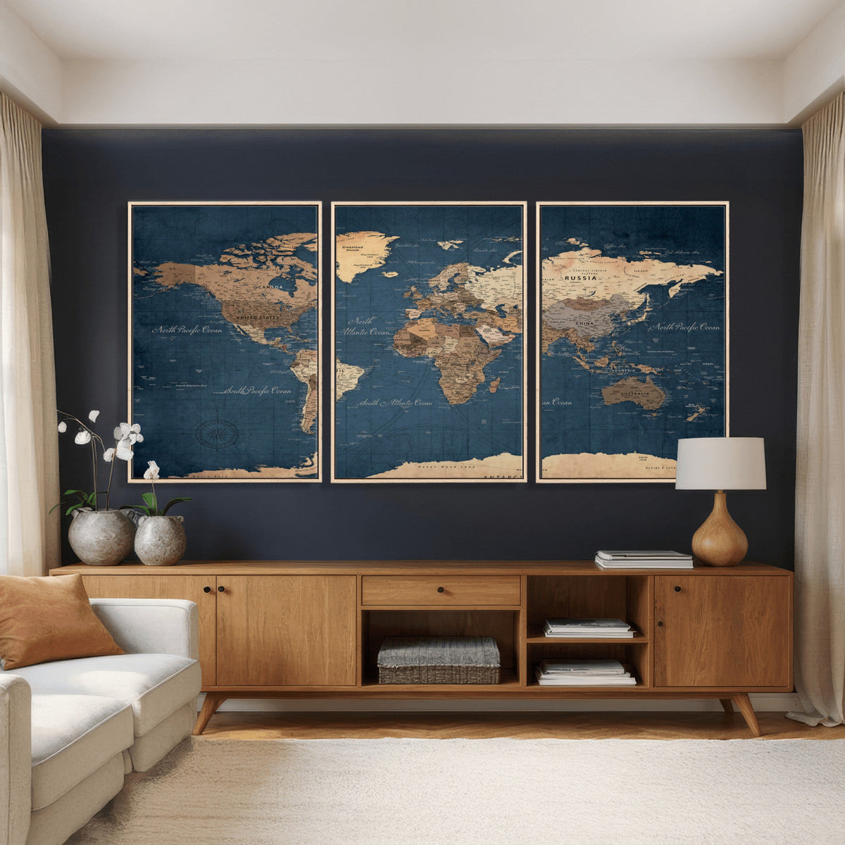 Navy Blue World Map Canvas Print – Framed Travel Map Wall