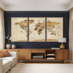 Rustic Vintage World Map Canvas Print – Framed Modern