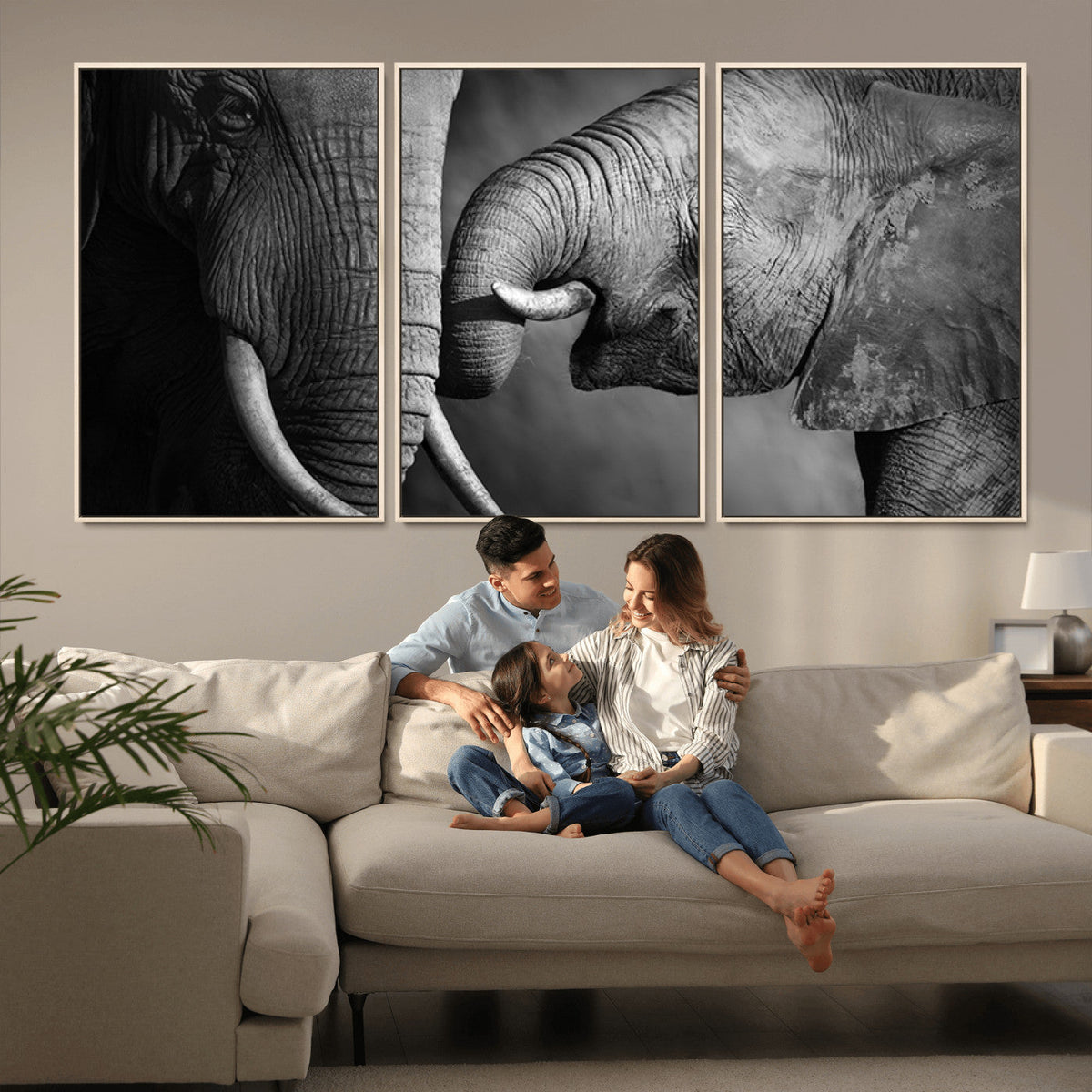 Elephant Family Wall Art Canvas, Framed Elephant Family