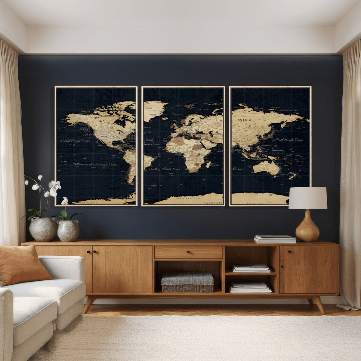 Dark World Map Canvas Wall Art Print, Minimal Black and Gold