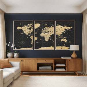 Vintage Blue and Brown World Map Canvas Wall Art – Framed