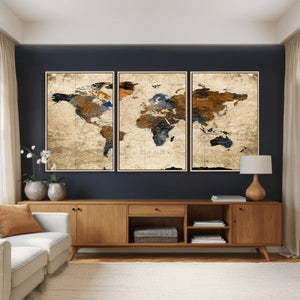 World Map Wall Art – Rustic Earth Tone Canvas Print, Antique