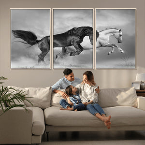 Wild Horses Wall Art Canvas Print – Framed Black and White