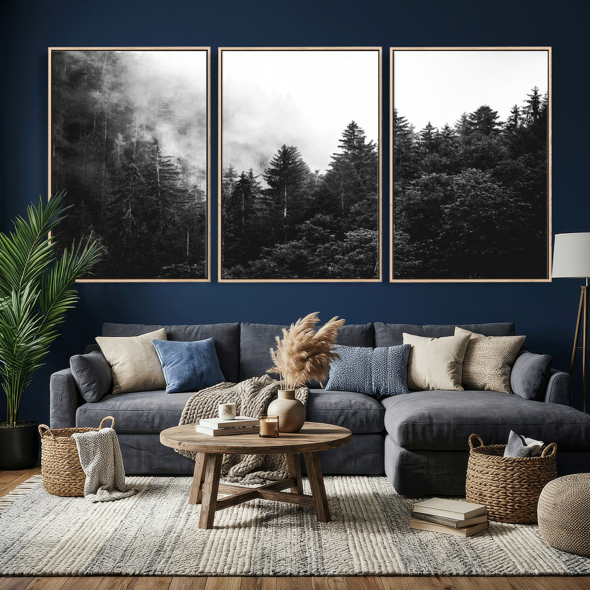 Black White Forest Wall Art Canvas Print, Misty Pine Tree