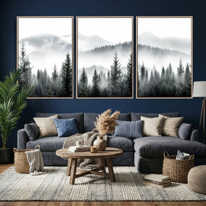 Misty Pine Forest Mountain Landscape Wall Art Canvas Print