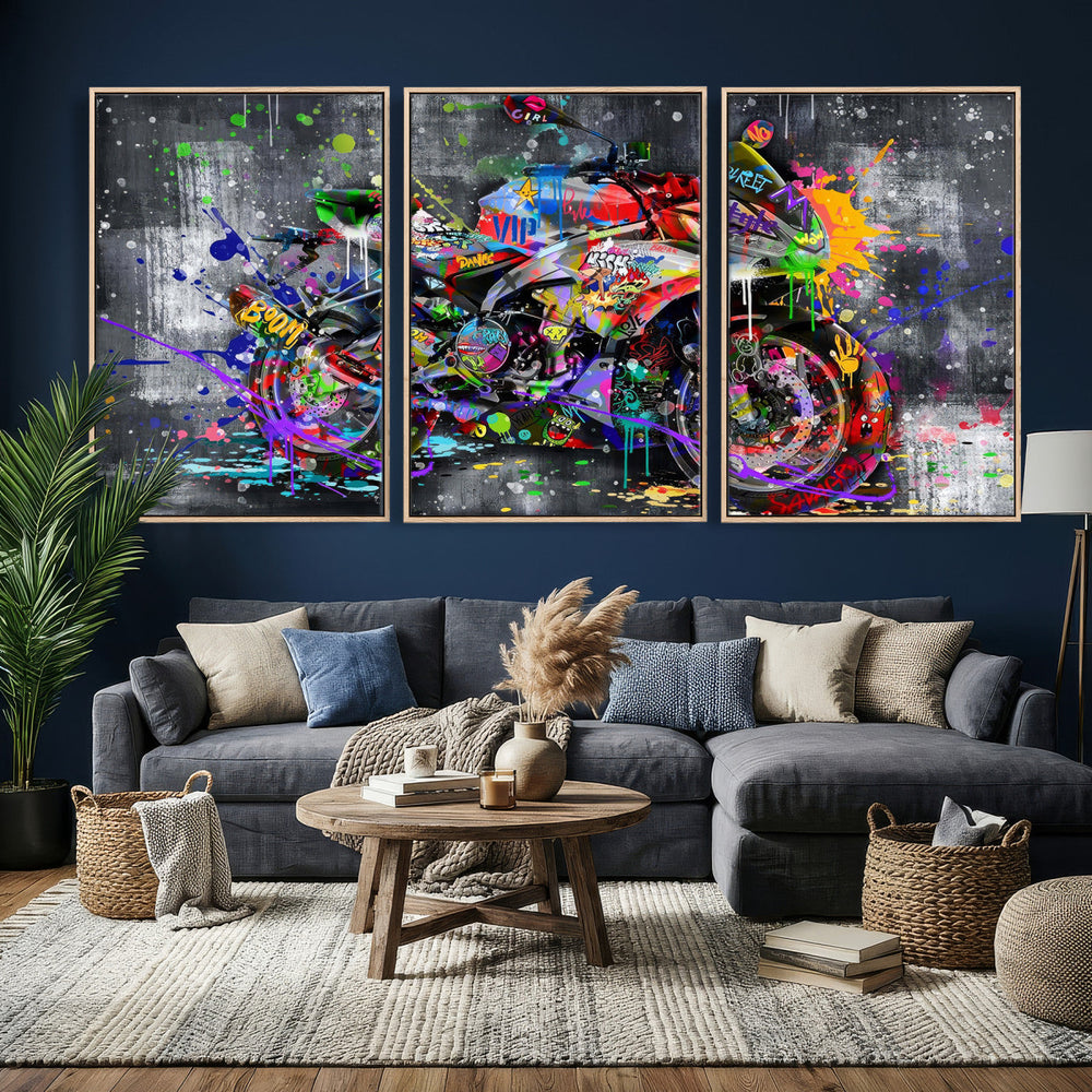 Graffiti Motorcycle Wall Art Canvas Print, Urban Street Art