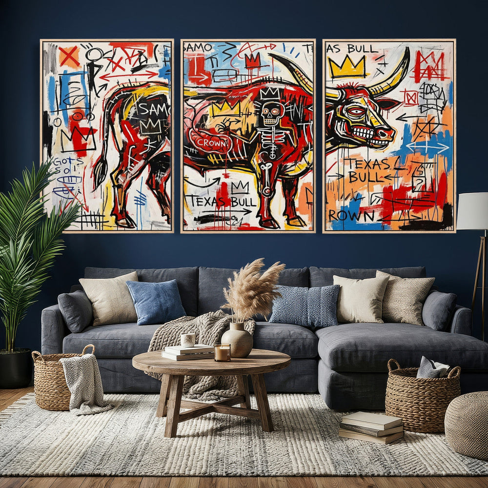 Texas Bull Wall Art Canvas Print, Abstract Graffiti Bull