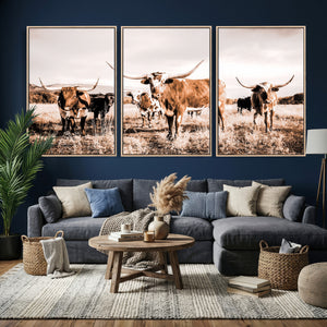 Texas Longhorn Cattle Wall Art Canvas Print, Sepia Western