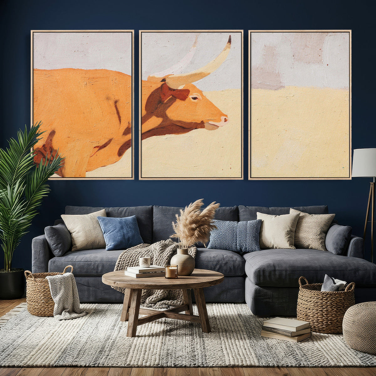 Minimal Longhorn Bull Wall Art Canvas Print, Neutral Western