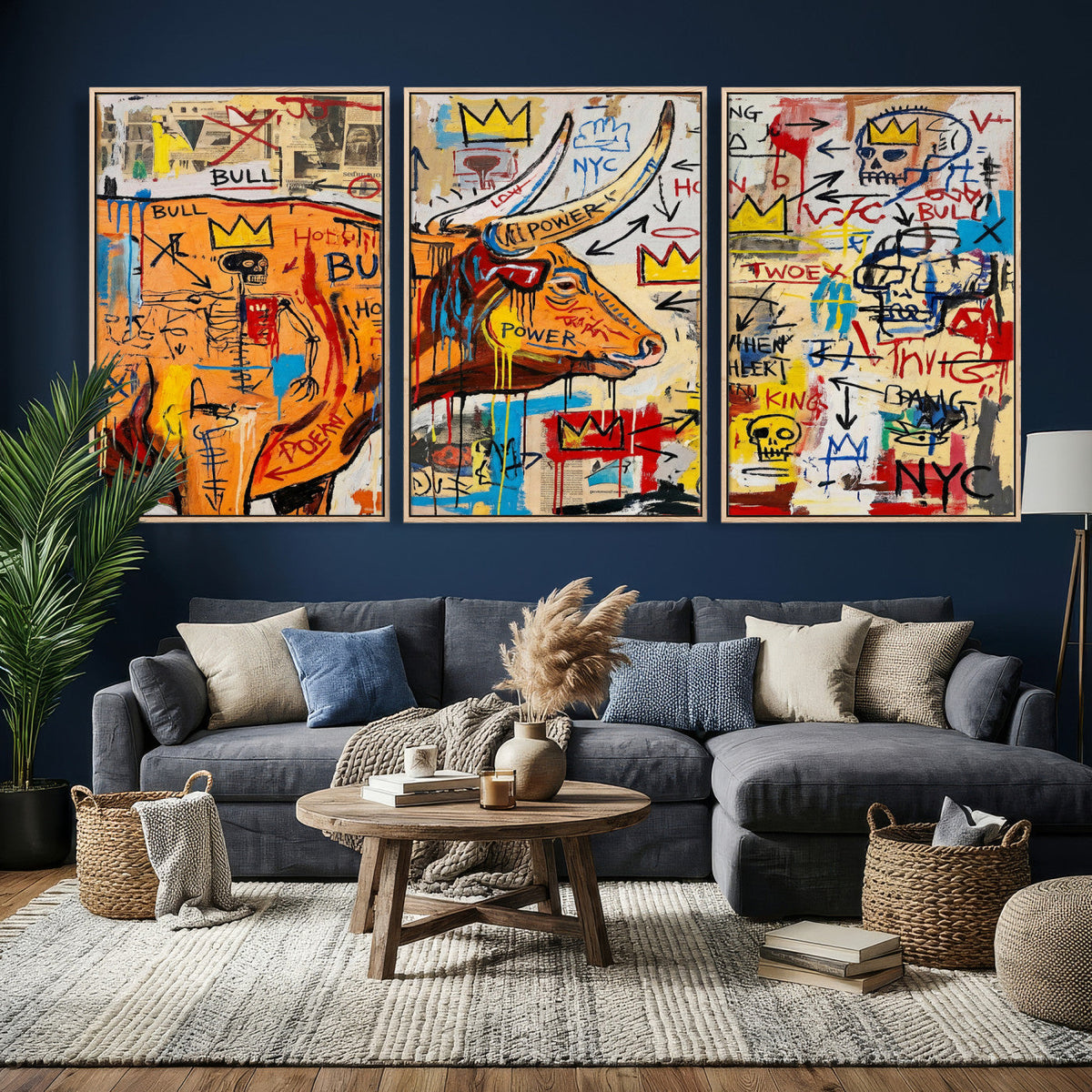 Basquiat Style Bull Graffiti Wall Art Canvas Print, Street