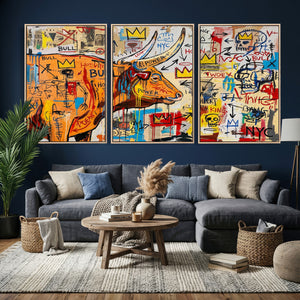 Basquiat Style Bull Graffiti Wall Art Canvas Print, Street