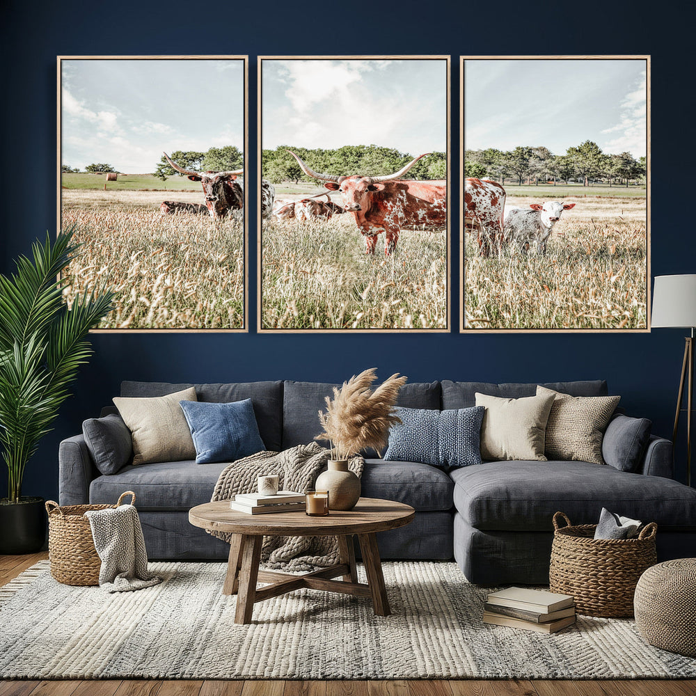 Texas Longhorn Cattle Wall Art Canvas Print, Rustic Ranch