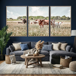 Texas Longhorn Cattle Wall Art Canvas Print, Rustic Ranch