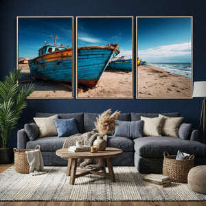 Coastal Fishing Boats Wall Art Canvas Print, Sunset Beach