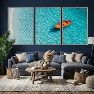 Minimalist Boat Wall Art Canvas Print, Aerial Sea Landscape