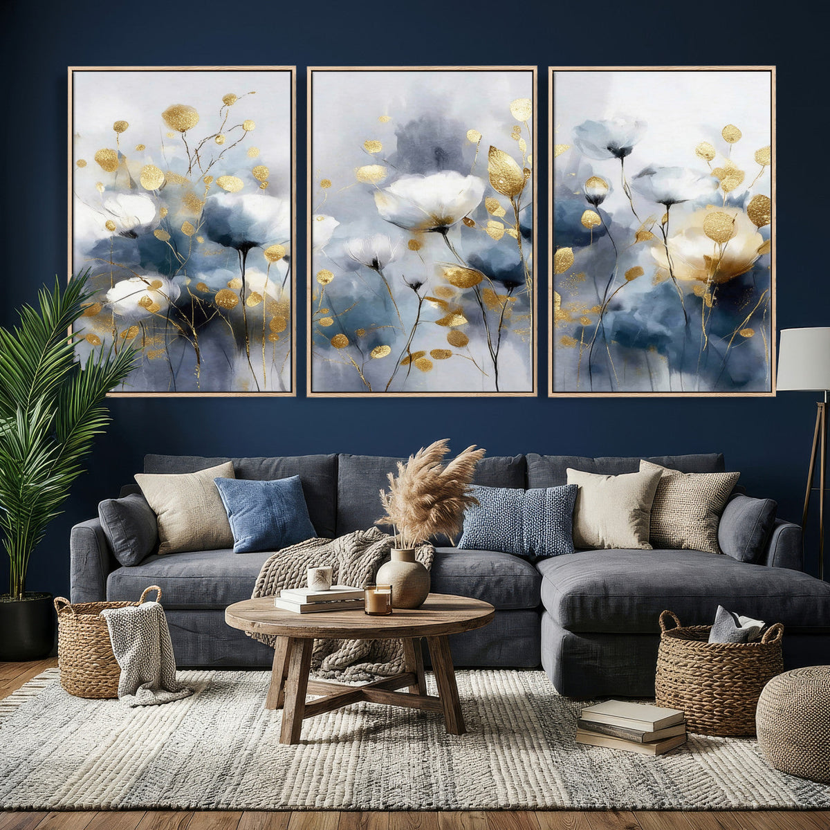 Large Abstract Flowers Wall Art Canvas Print – Gold and Blue