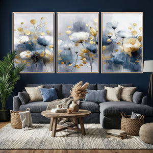 Large Abstract Flowers Wall Art Canvas Print – Gold and Blue
