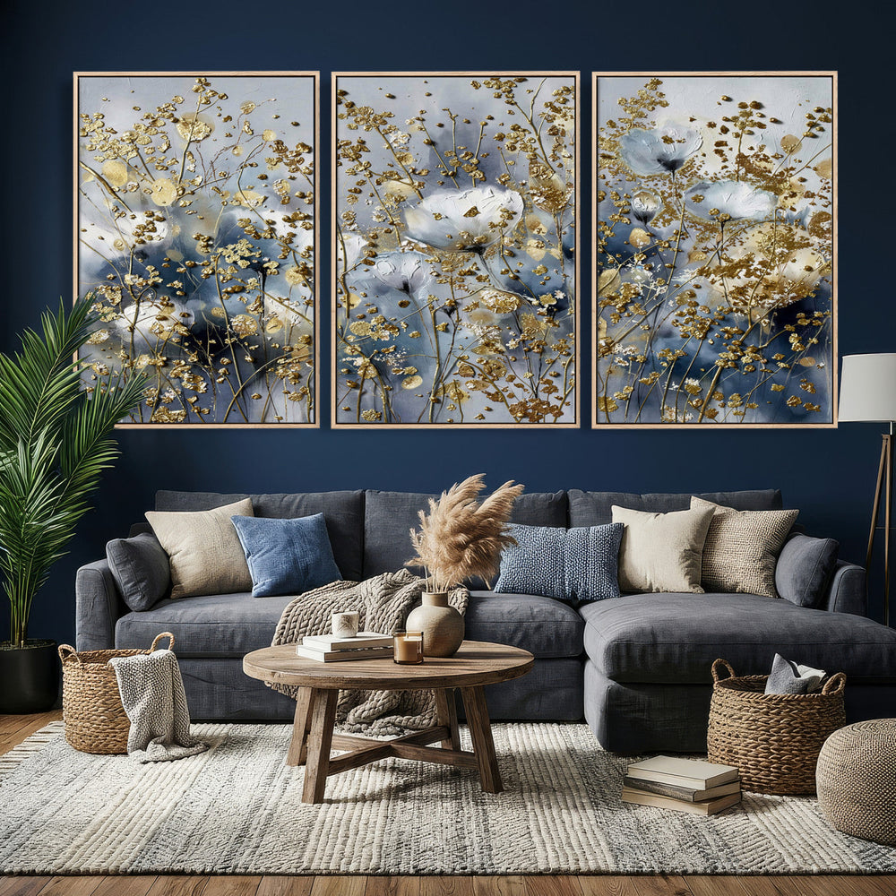 Abstract Floral Wall Art Canvas Print – Gold and Blue