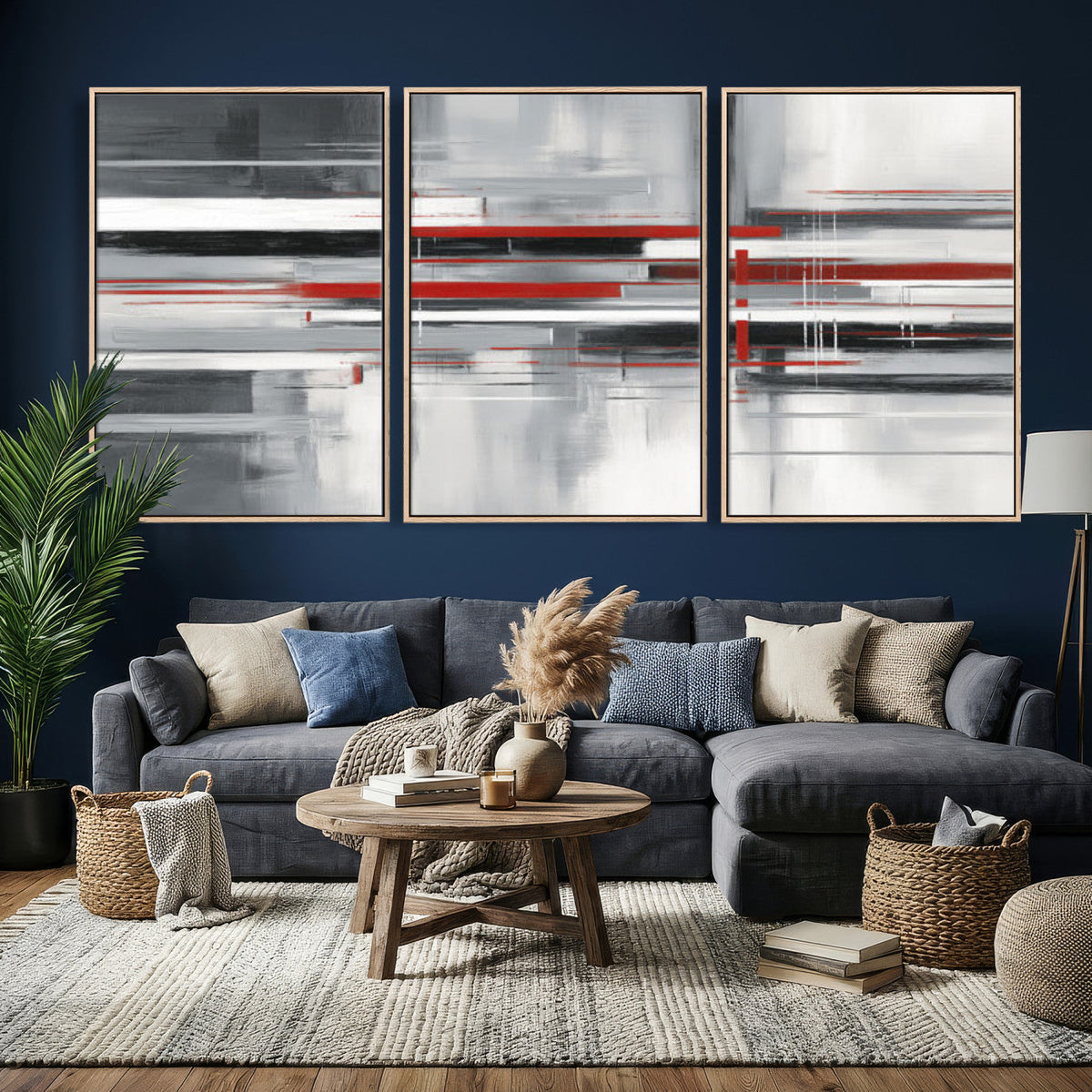 Gray Red Abstract Wall Art Canvas Print, Modern Abstract