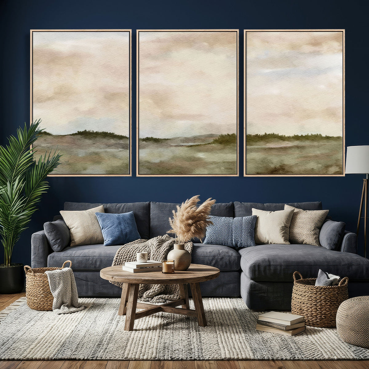 Muted Watercolor Hill Landscape Print — Beige Taupe Cloudy
