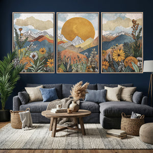 Boho Mountain Landscape Large Wall Art, Horizontal Gold