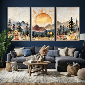 Boho Mountain Landscape Large Wall Art, Horizontal Gold
