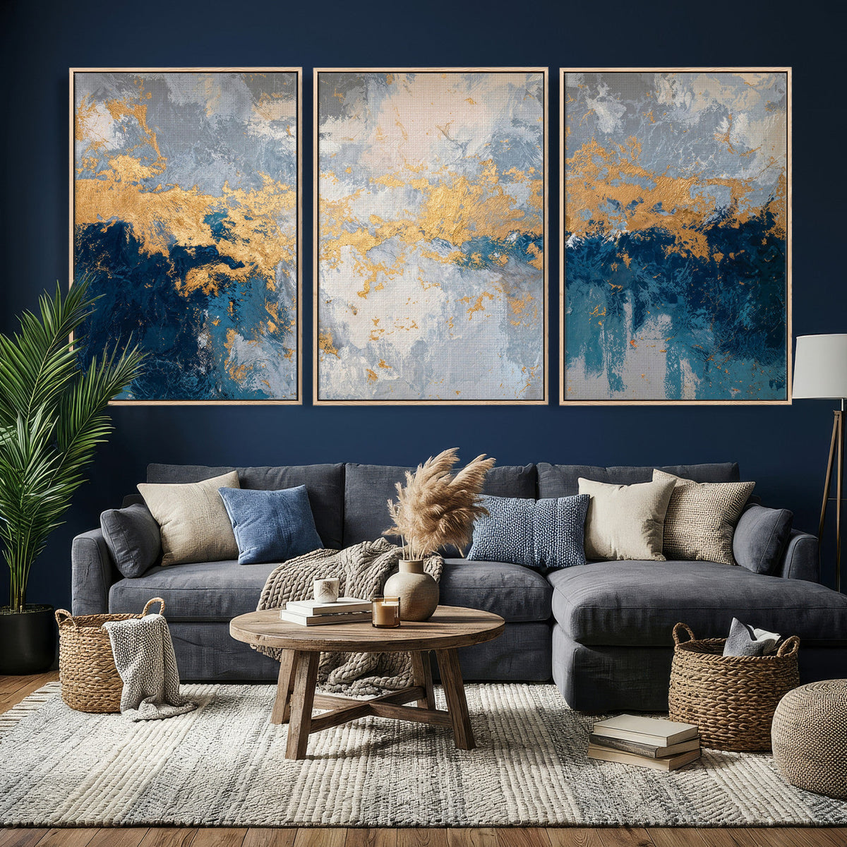 Blue Gold Abstract Large Framed Canvas Wall Art, Modern