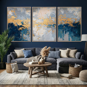 Blue Gold Abstract Large Framed Canvas Wall Art, Modern