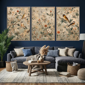 Vintage Birds and Flowers Wall Art Canvas Print, Botanical