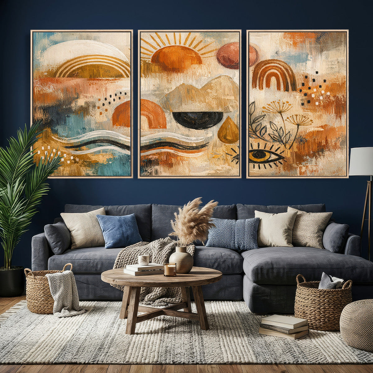 Geometric Boho Abstract Wall Art Canvas Print, Orange Blue