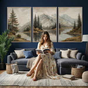 Vintage Mountain Landscape Wall Art Canvas Print Set, Rustic