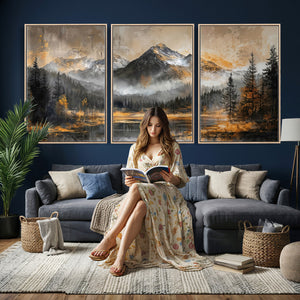 Mountain Lake Canvas Wall Art — Rustic Forest Landscape