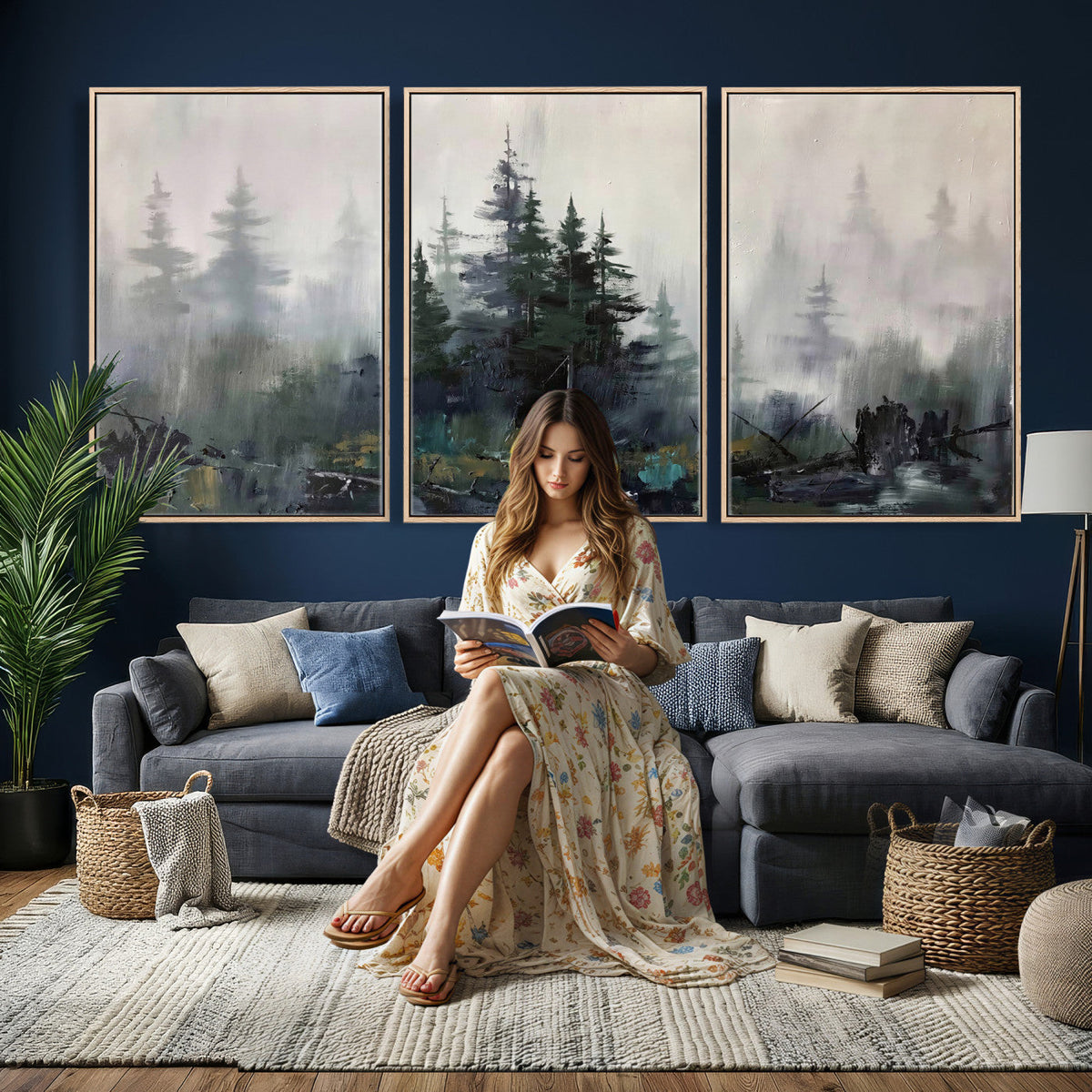 Misty Pine Forest Oil Painting Canvas — Dark Moody Teal Grey