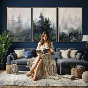 Misty Pine Forest Oil Painting Canvas — Dark Moody Teal Grey