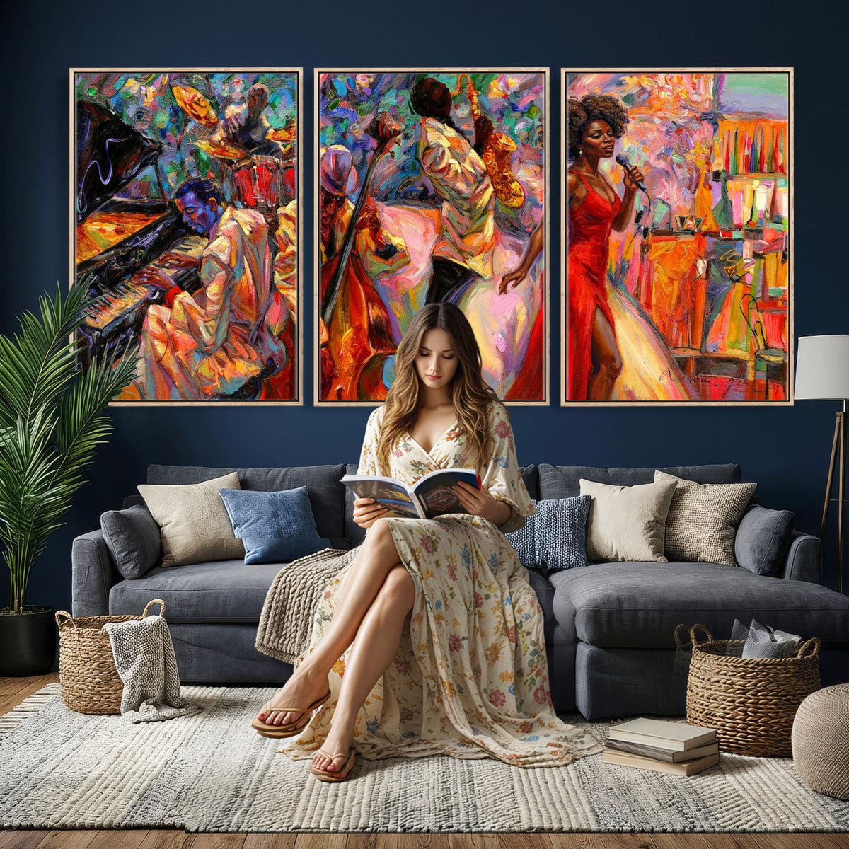 African American Jazz Singer Canvas Art — Red Dress Black