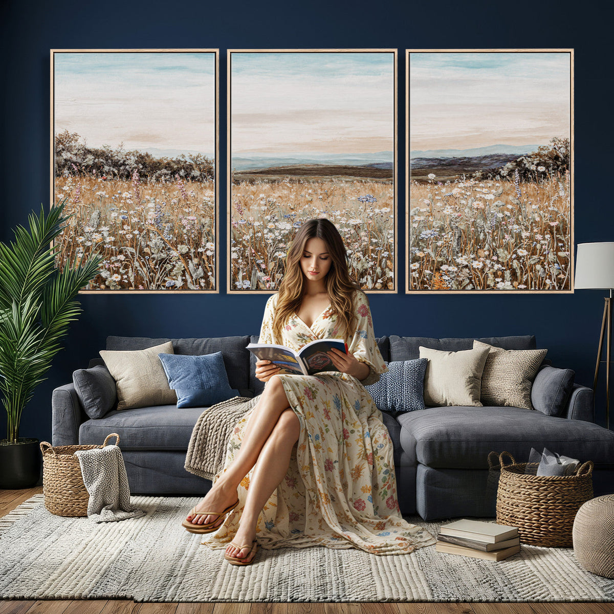 Neutral Wildflower Field Canvas Wall Art — Beige Earth Tone
