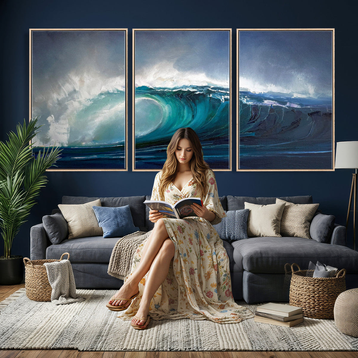 Ocean Wave Canvas Wall Art, Dramatic Teal Blue Seascape Oil