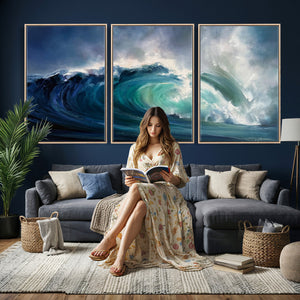 Ocean Wave Canvas Wall Art, Dramatic Teal Blue Seascape Oil