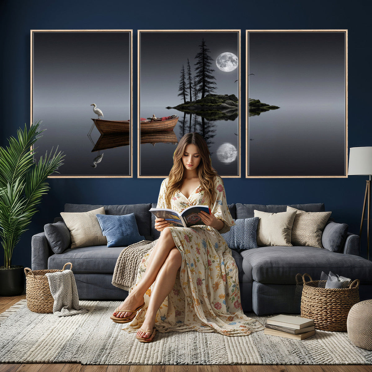 Moonlit Lake Canvas Wall Art, Dreamy Boat Heron Full Moon