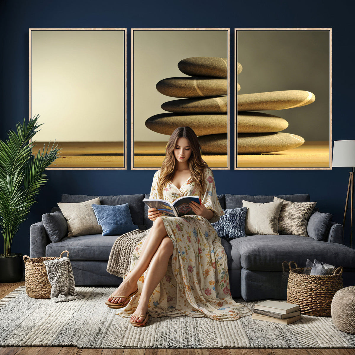 Zen Stone Wall Art Canvas Print, Balanced Rock Stack Framed