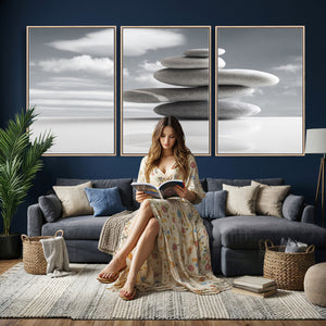 Zen Stone Wall Art Canvas Print, Balanced Rock Stack Framed